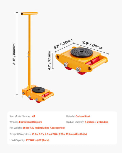 VEVOR Machine Skate, 6T Machinery Skate Dolly, 13228 lbs Machinery Moving Skate, Machinery Mover Skate with 360° Rotation Cap and PU Directional Rollers, Heavy Duty Industrial Moving Equipment, Yellow