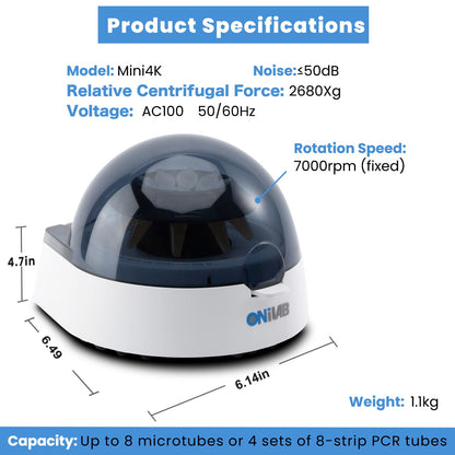 ONiLAB's Scientific Mini Centrifuge 7000RPM, 2680 x g RCF, Lab Benchtop Centrifuge with 2 Rotors for 8 x 0.2/0.5/1.5/2.0ml and 0.2mL×32 PCR Strips, Low Noise≤45dB, 100-240V((ONLY for MICROTUBES)