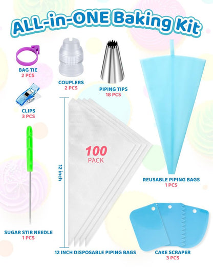 130 Pcs Piping Bags and Tips Set, Cakes Decorating Kit Supplies with 100 Pcs 12 Inch Piping Bags, 1 Reusable Pastry Bags, 18 Tips, 2 Couplers, 2 Bags Ties, 3 Clips, 1 Scriber Needle, 3 Cake Scraper