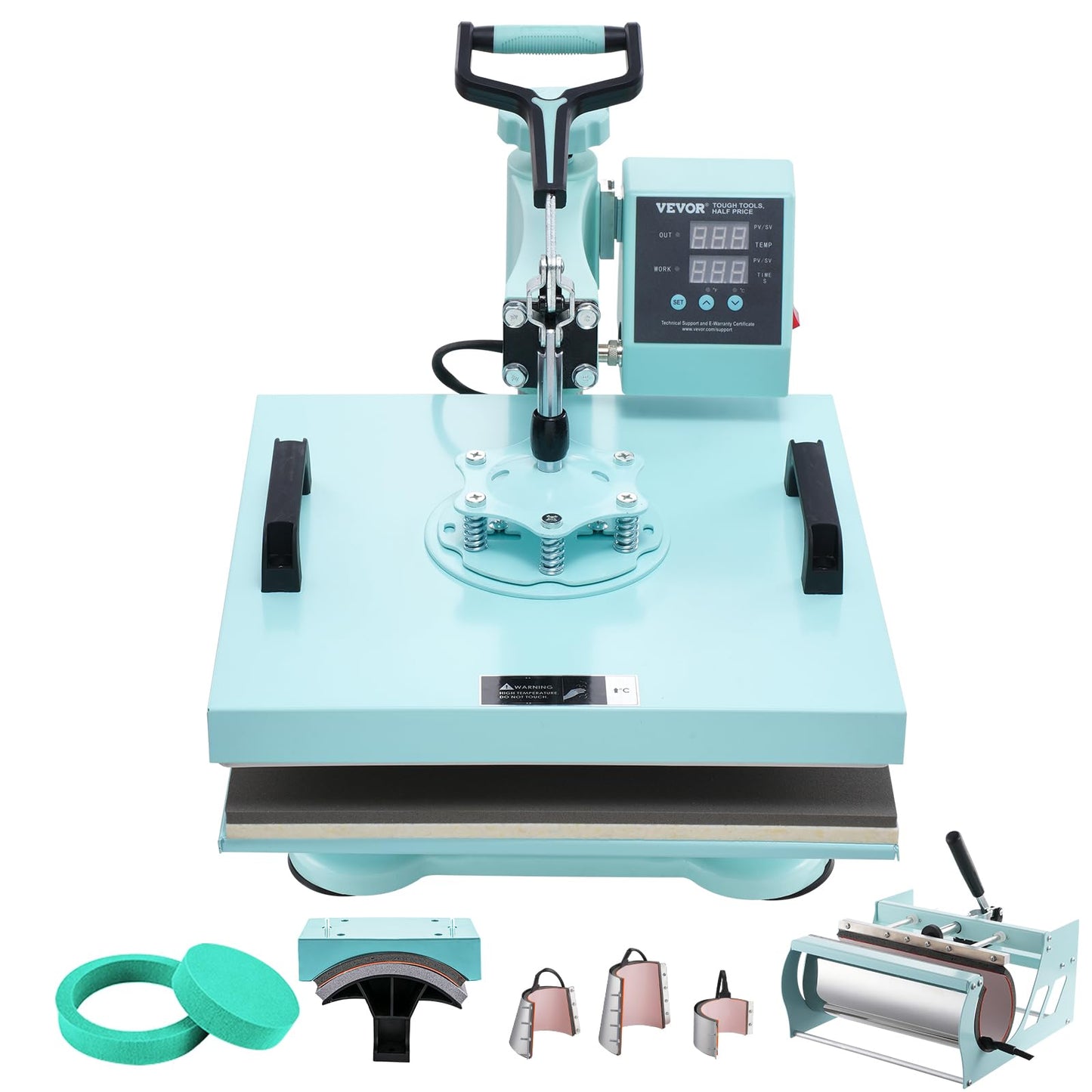 VEVOR 15x15 Heat Press Machine 8 in 1 Combo with 30 OZ Tumbler Press & Hat Press, Slide Out Heat Press Sublimation Machine for T-Shirts, Hats Caps Tumblers Glass Cans Mugs, and Plates (Light Green)