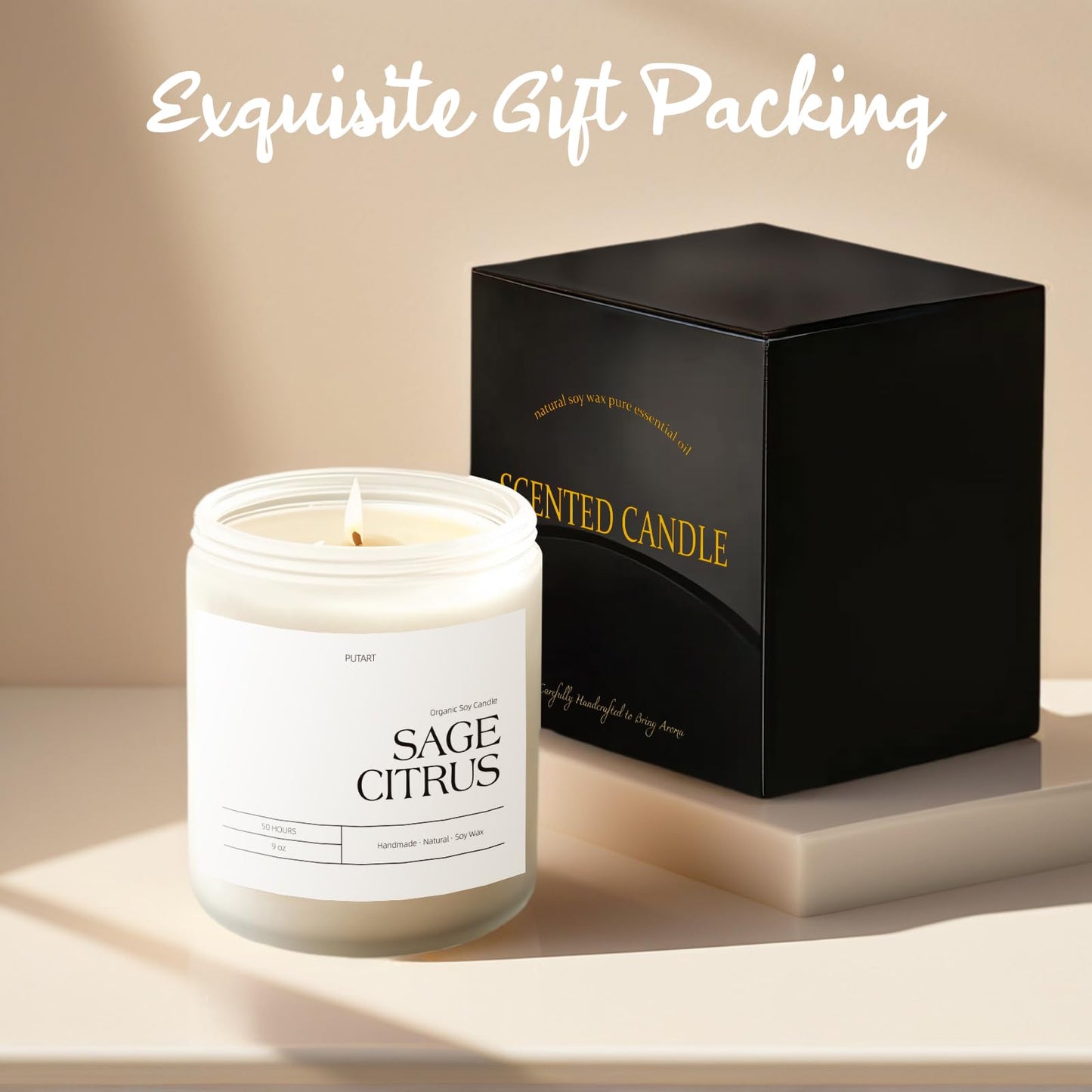 Putart Sage Citrus Candles for Home Scented, 9oz Natural Soy Aromatherapy Non Toxic Candles with Long Lasting Fragrance & Clean Burn, Luxury Jar Candle Gift for Women, Men, Home Decoration, White