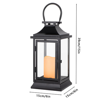 TRIROCKS Metal Candle Lantern 15'' High Decorative Outdoor Lantern Hanging Lantern with Timer LED Candle for Home Decor Living Room Parties Events Tabletop Indoors Outdoors (Black)
