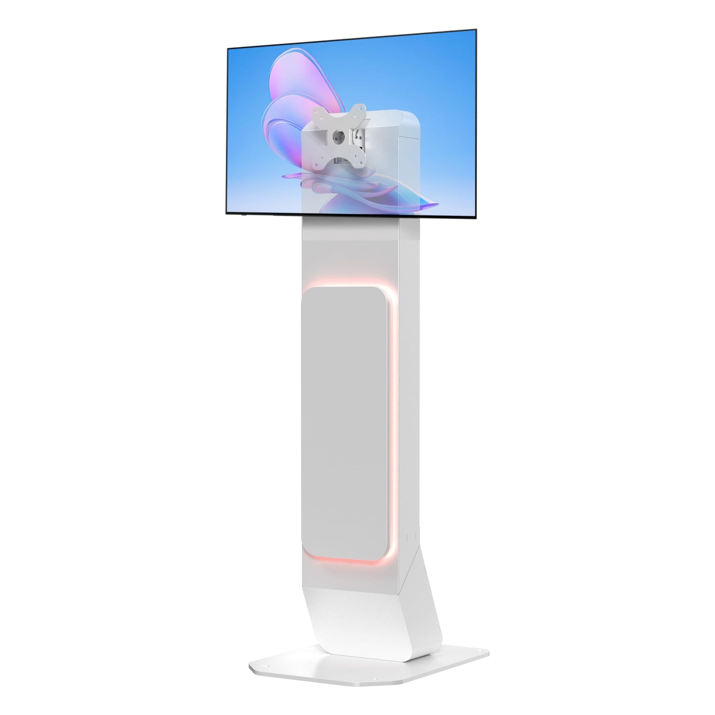Brandable Kiosk Floor Stand for Displays – with Custom Branding Panel & LED Lights VESA 75x75 100x100 Monitor TV Tablet Displays – Lockable Secure (ADD-VFSKLED)
