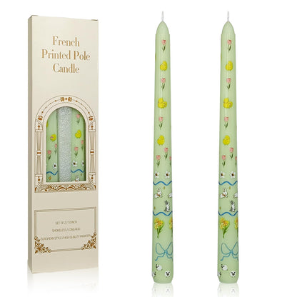 Floral Taper Candles 10 Inch Tall Unscented Handmade Light Green Rabbit Print Long Burning Elegant Candlesticks for Wedding Dinner Home Decor