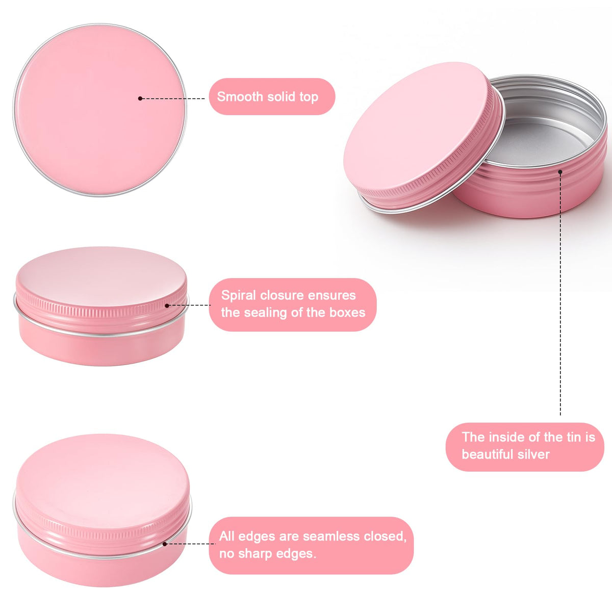 Patelai 2 oz Pink Metal Round Tins Aluminum Tin Cans Salve Tins Containers with Screw Lid 10 Sheets Stickers for Salve Spice Candies Balms Candles, 36 Pack (Classic Style)