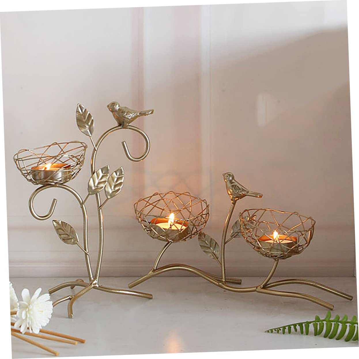 Hoement Iron Candle Holder Bird Branch Tray Candlestick Wedding Decor Decorative Candlesticks for Home
