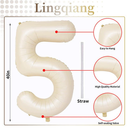 Beige Number 5 Balloon for Girls Boys, 40 Inch Large Cream Number 0-9 Foil Mylar Helium Digital Balloons Set for Women Men Birthday Graduation Anniversary Party Decorations Celebration Supplies