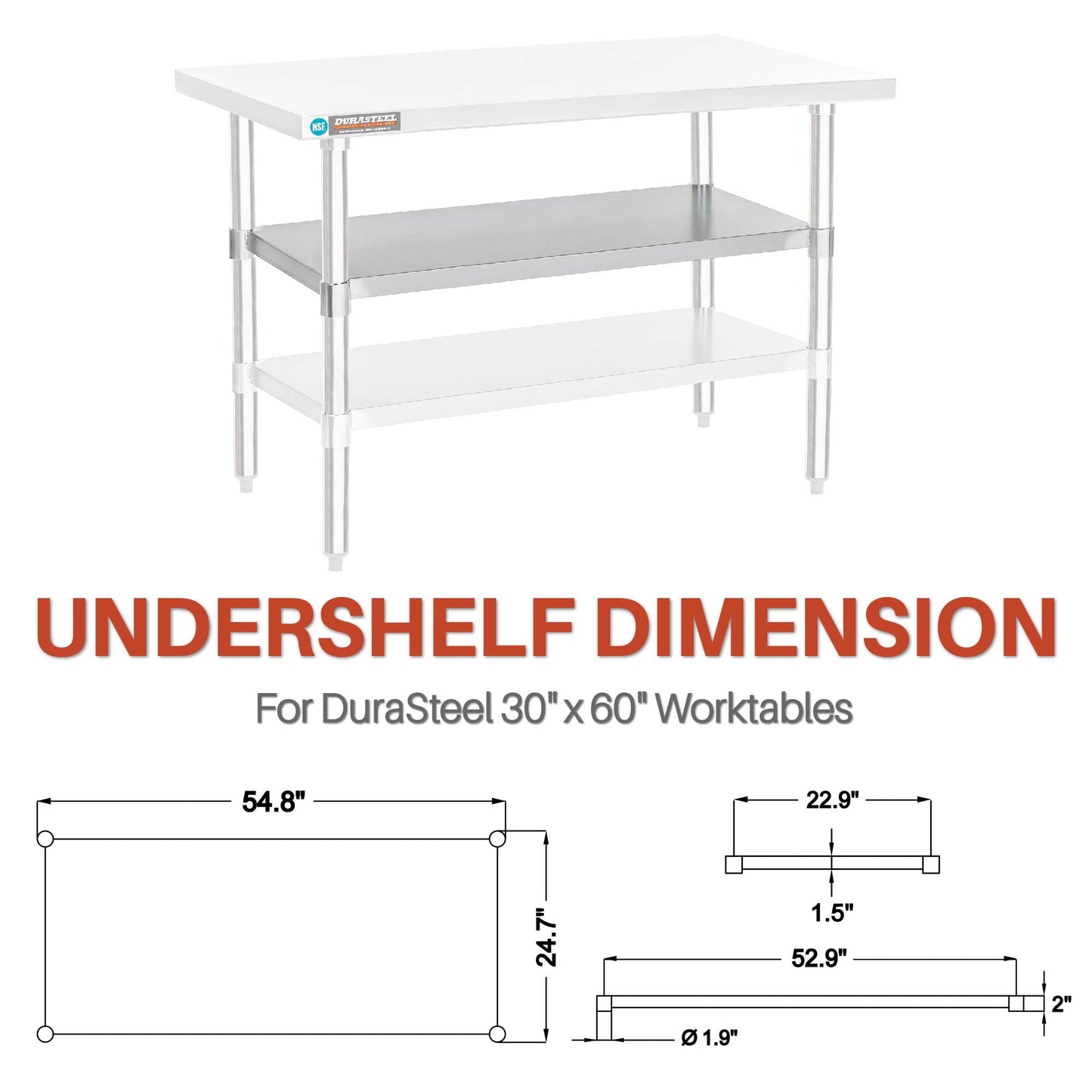 DuraSteel Galvanized Under Shelf for Work Tables - Extra Adjustable Lower Shelf for 30'' x 60'' Stainless Steel and Wooden Worktables - Fits for use in Restaurant, Warehouse, Home, Kitchen, Garage