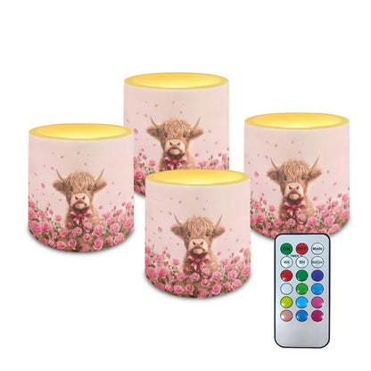 Merkmak Valentines Day Flickering Flameless Candles with Remote and Timer Battery Operated Candles Pink Rose Highland Cattle Print 4Pcs LED Pillar Tea Lights for Home Decor