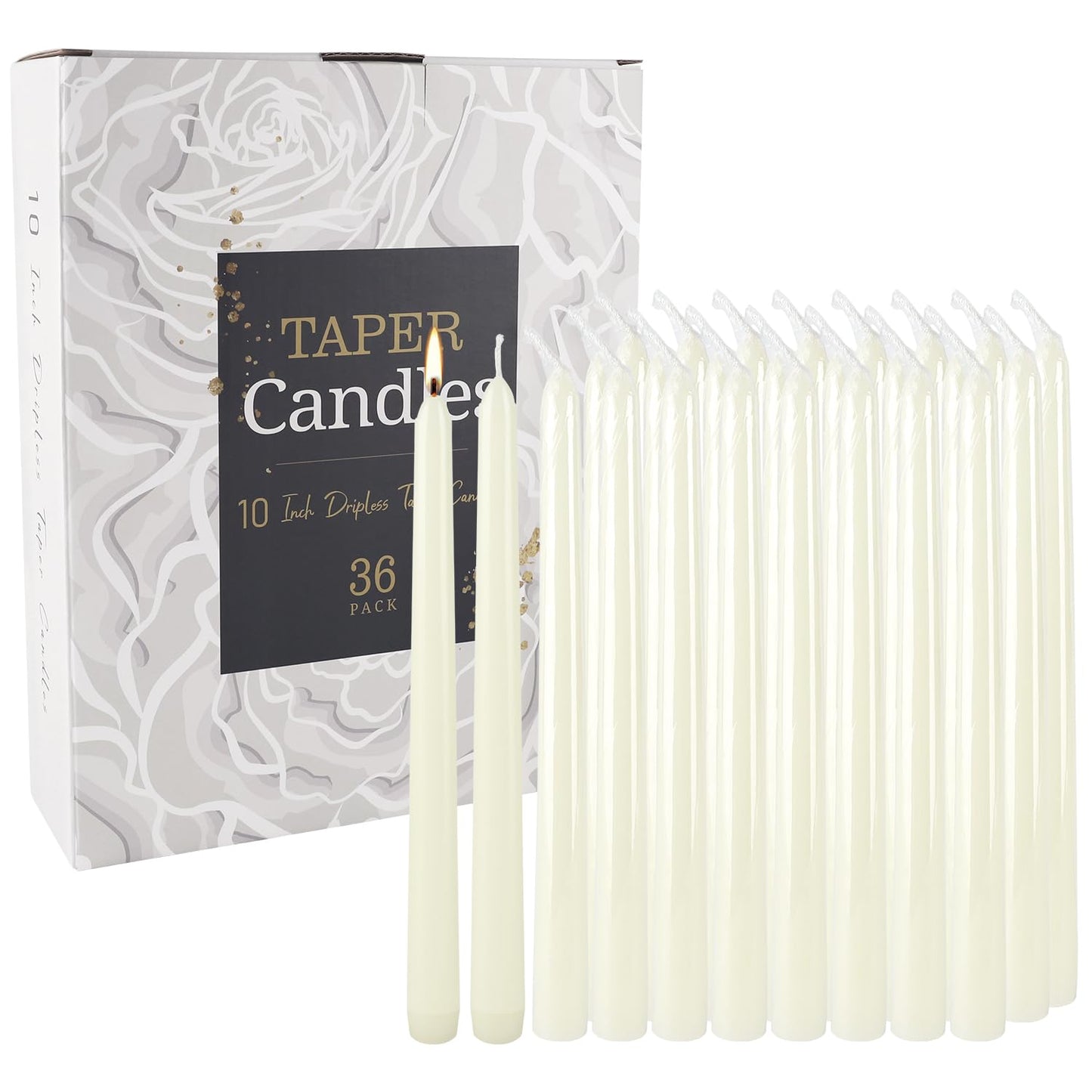 Grcdoyvl 36 Pack Ivory 10-Inch Taper Candles - Premium Dripless, Smokeless & Unscented for Wedding Decor, Romantic Dinner, Party & Home - Long Burning Hand-Poured Tall Candles with Clean Finish