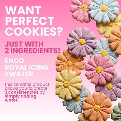 ENCO White Royal Icing Mix, Vanilla Flavor – Easy to Use, Just Add Water, Smooth & Glossy Finish, Fast Drying, Versatile for Cookie Decorating (1.1 lb / 500g)