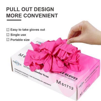 FINITEX Pink Nitrile Disposable Latex-Free Gloves - 3.5mil 100PCS/Box 9inch Long Powder-Free Guantes de Nitrilo Cleaning Medical Exam Food Cooking Glove (100, Medium)