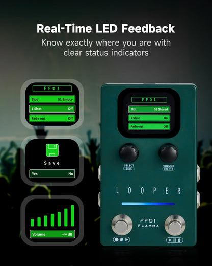FLAMMA Looper Guitar Pedal, FF01 Looper Pedal with 40 Slots 160 Mins Looping Time, Stereo Guitar Loop Pedals with Screen for Electric Guitar/Bass, Fade Out, USB Data Management
