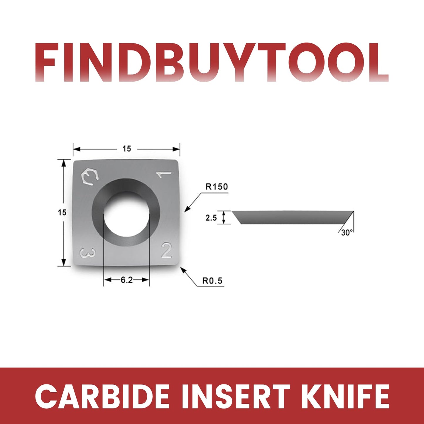 Findbuytool Carbide Inserts cutters (15x15x2.5mm-30°-R150-4R0.5) Insert for Woodworking Helical Cutter Head Tools, 100Pcs