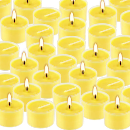 50 Pack Clear Tea Lights Candles Bulk, Summer Citronella Candle Outdoor and Indoor, for Birthday Emergency Home Garden(8 Hour, Yellow)