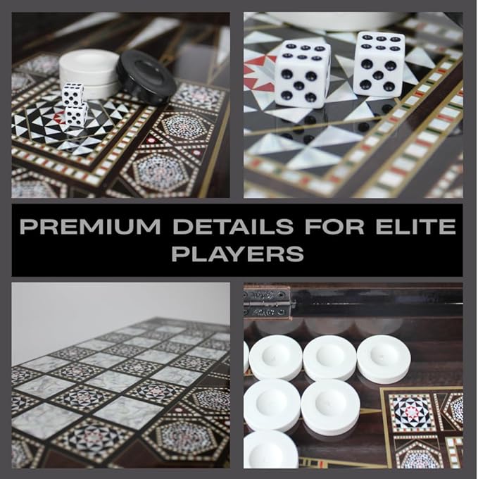 Park&ampOz Pearl Premium Turkish Backgammon and Checkers Set 19 Inch Handmade 2 in 1 Wooden Board Game with Glossy Finish Luxury Checkers and Dice Travel Friendly and Foldable