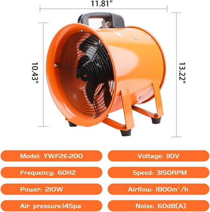 8-Inch High-Velocity Portable Utility Blower Fan, Industrial Exhaust Fan with 33ft Flexible Duct Hose, 3150 RPM Low-Noise Ventilator for Basements, Workshops, Warehouses, and Confined Spaces