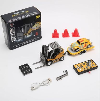 RC Forklift Truck with Trailer 1/64 Mini Alloy Remote Control Forklift 2 Mode Speed Truck with Cargo Hook Pallets RC Construction Vehicles for Adult
