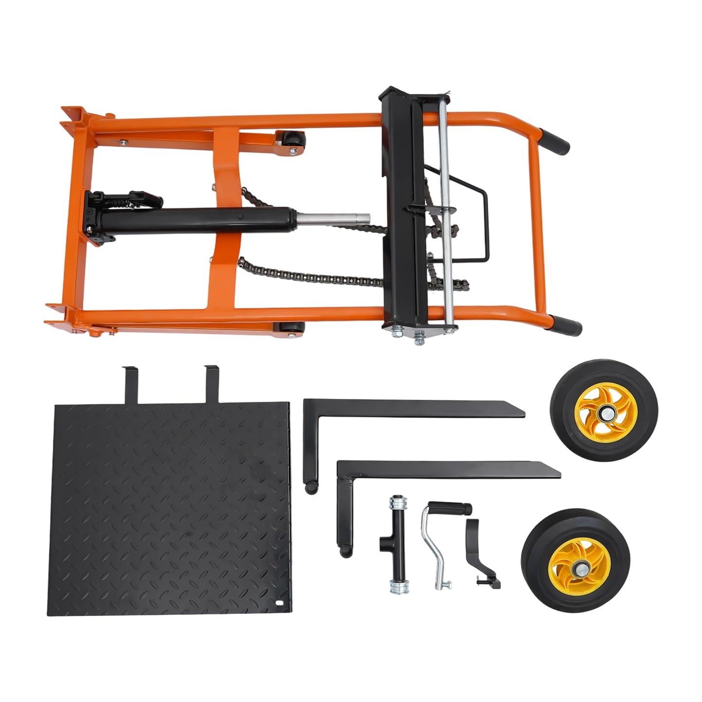BRICZUNA Hydraulic Material Lift Pallet Truck Dolly Adjustable Forklift Stacker Pallet Jack Hydraulic Material Lift Winch Stacker for Workshops & Warehouses, Tangerine (35.43" H, Max. Load 577 Lbs)