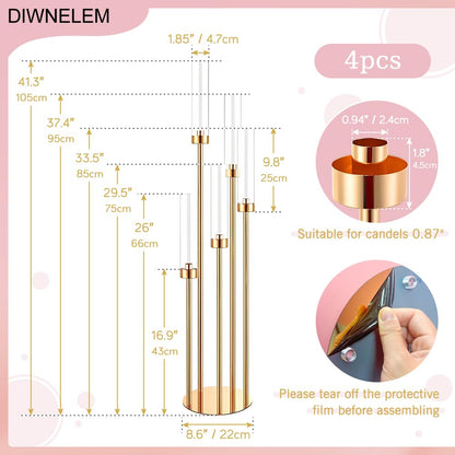 DIWNELEM 4 Pcs Gold Candelabra Centerpieces 5 Arm 42" Tall Metal Candle Holder Floor Candelabra Wedding Centerpieces Metal Candlestick Holders with Acrylic Removable Lampshade for Christmas Decoration