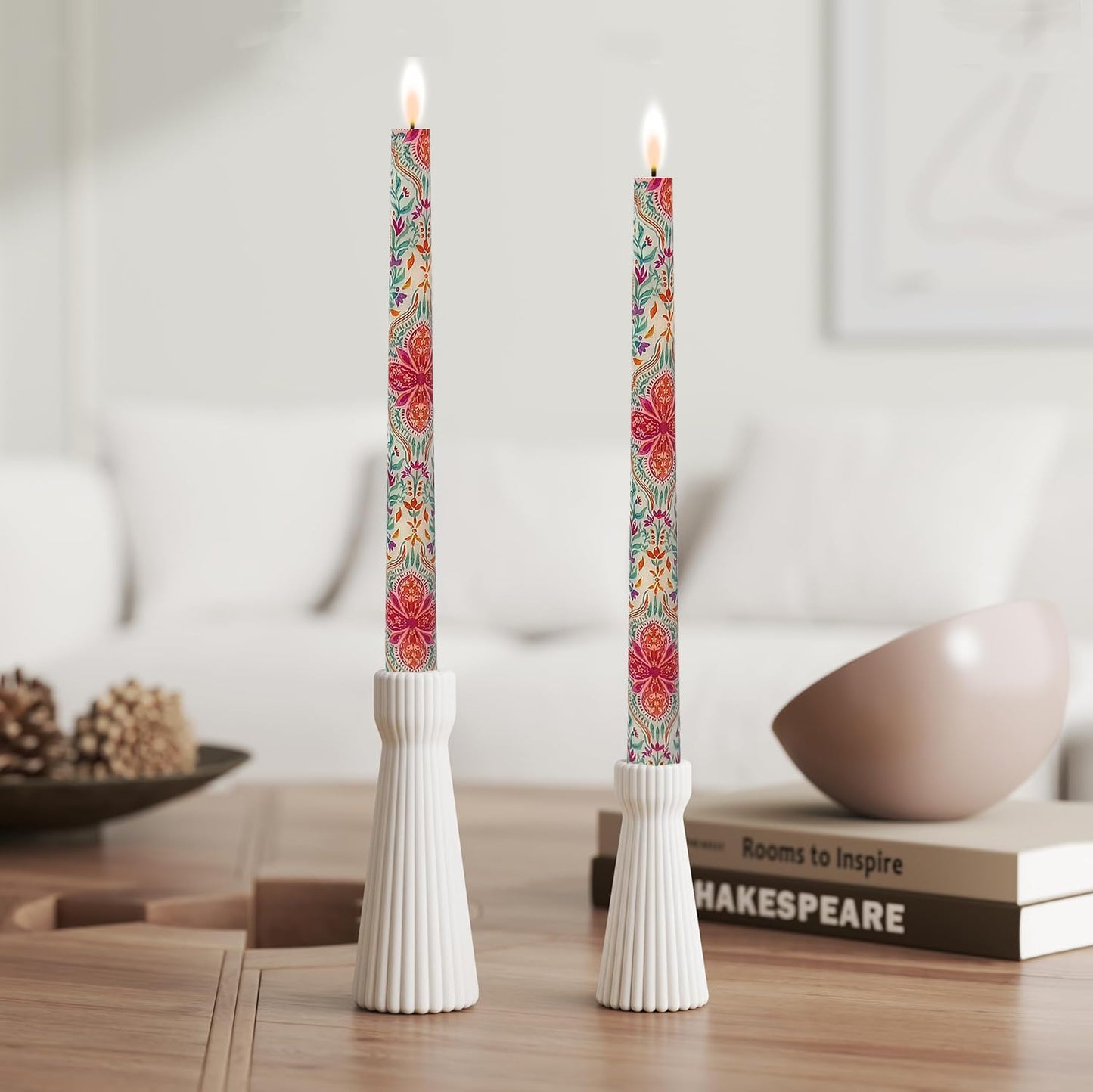 NJAO HOO Floral Candlesticks 10 in Straight Taper Candles Bohemian Hand Printed Candlesticks Tall Tapered Candle for Nordic Home Decor Simple Modern, 2Pcs