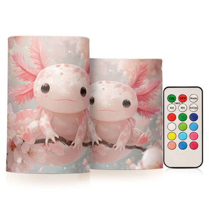 Flameless Candles with Remote Timer,Pink Axolotl Cherry Blossom Battery Operated Candles Set of 2 LED Tea Lights Flickering Pillar Votive Candles for Indoor Outdoor Decor