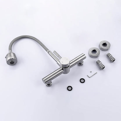 FLWUEUE Wall Mount Kitchen Sink Faucet with Sprayer 8“ Inch Center, Brushed Nickle Stainless Steel Sink Mixer Tap, Laundry Utility Faucets with Dual Functional Sprayer