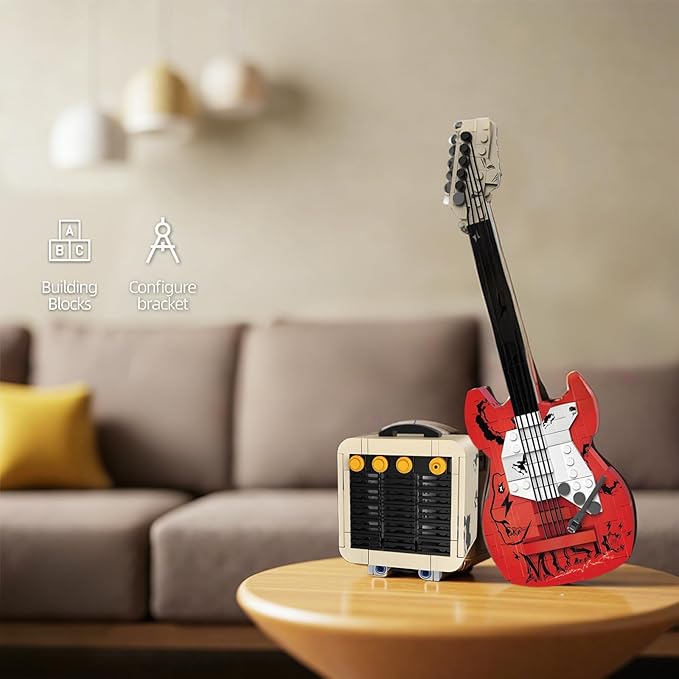 Rock Guitar Interactive Building Block Set Creative Construction Model Toy with Display Stand DIY Collectible for Home Decor for Adults (No Bluetooth Function)