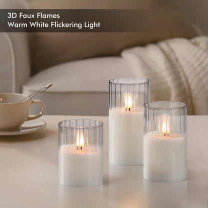 Rhytsing Clear Ribbed Glass Battery Operated LED Candles with Remote, White Flameless Candle Gift Set with Timer for Weddings and Churches, Warm White Light- 6 Batteries Inclued - Set of 3