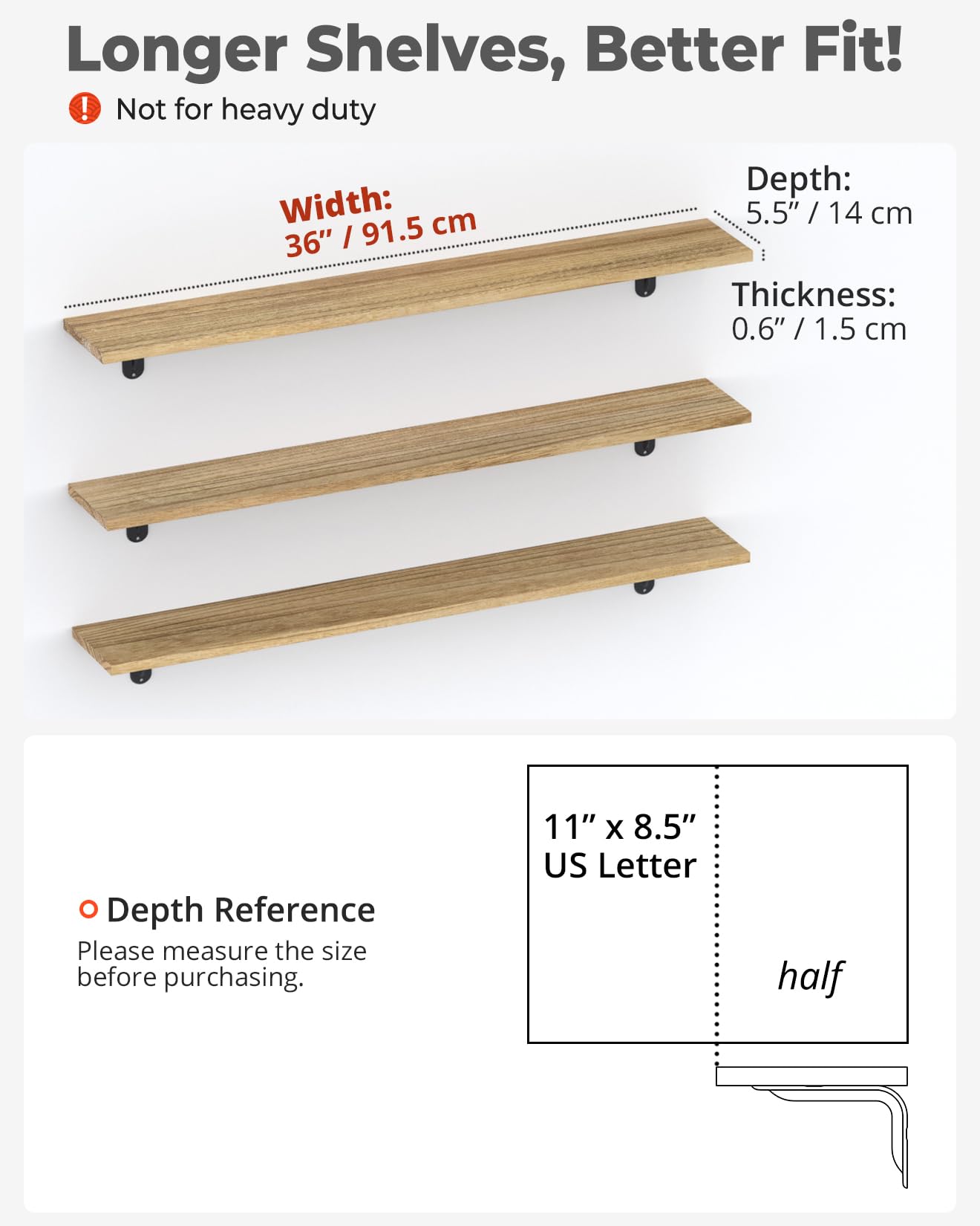 Greaittle 36 Inch Floating Shelves, Set of 3 Long Floating Shelves for Wall Decor, Photos & Display, Natural Wood, Rustic Style (36" x 5.5", Brown)