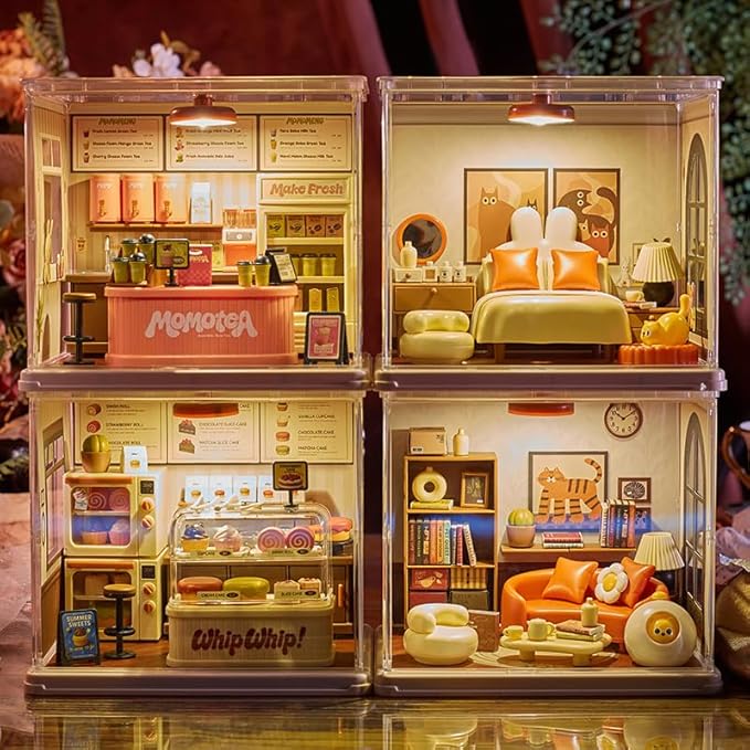 Cat Living Room DIY Miniature House Building Toy Dollhouse Set with LED Creator Playset Suitable for Mini Figures Construction Toys Diorama Kit Gifts for Adults