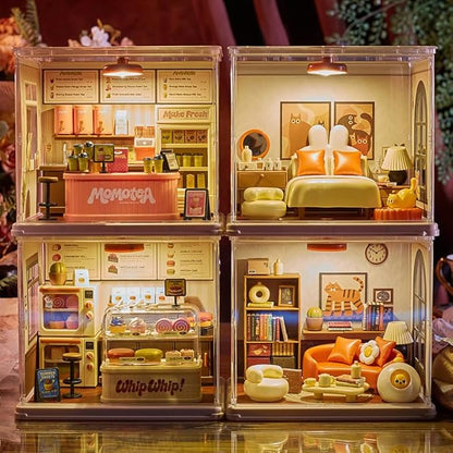 Cat Living Room DIY Miniature House Building Toy Dollhouse Set with LED Creator Playset Suitable for Mini Figures Construction Toys Diorama Kit Gifts for Adults