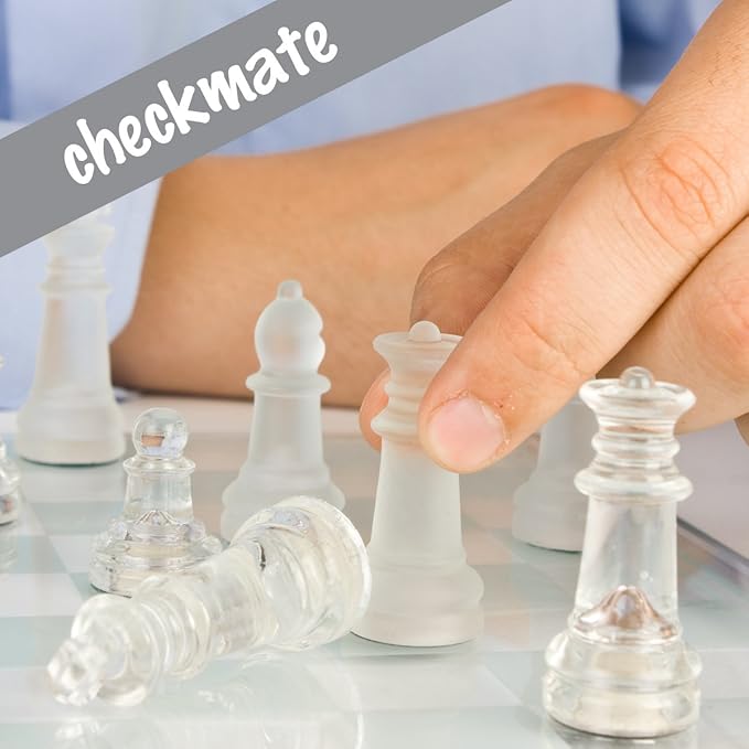 Gamie Premium Glass Chess Set 12 Inch - Elegant Design - Durable Build - 32 Frosted and Clear Pieces - Felted Bottoms - Easy to Carry - Stable &amp Fully Functional for Chess Lovers