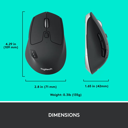 Logitech M720 Triathlon Wireless Mouse, Bluetooth, USB Unifying Receiver, 1000 DPI, 6 Programmable Buttons, 2-Year Battery, Compatible with Laptop, PC, Mac, iPadOS - Black