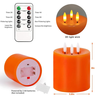 Large 3 Wick Flameless Candles Set of 2, 4"x4" Flickering LED Candles with Remote & Timer, Dimmable Real Wax Pillar Candles Battery Operated, Orange Candles for Fall Thanksgiving Halloween Decor