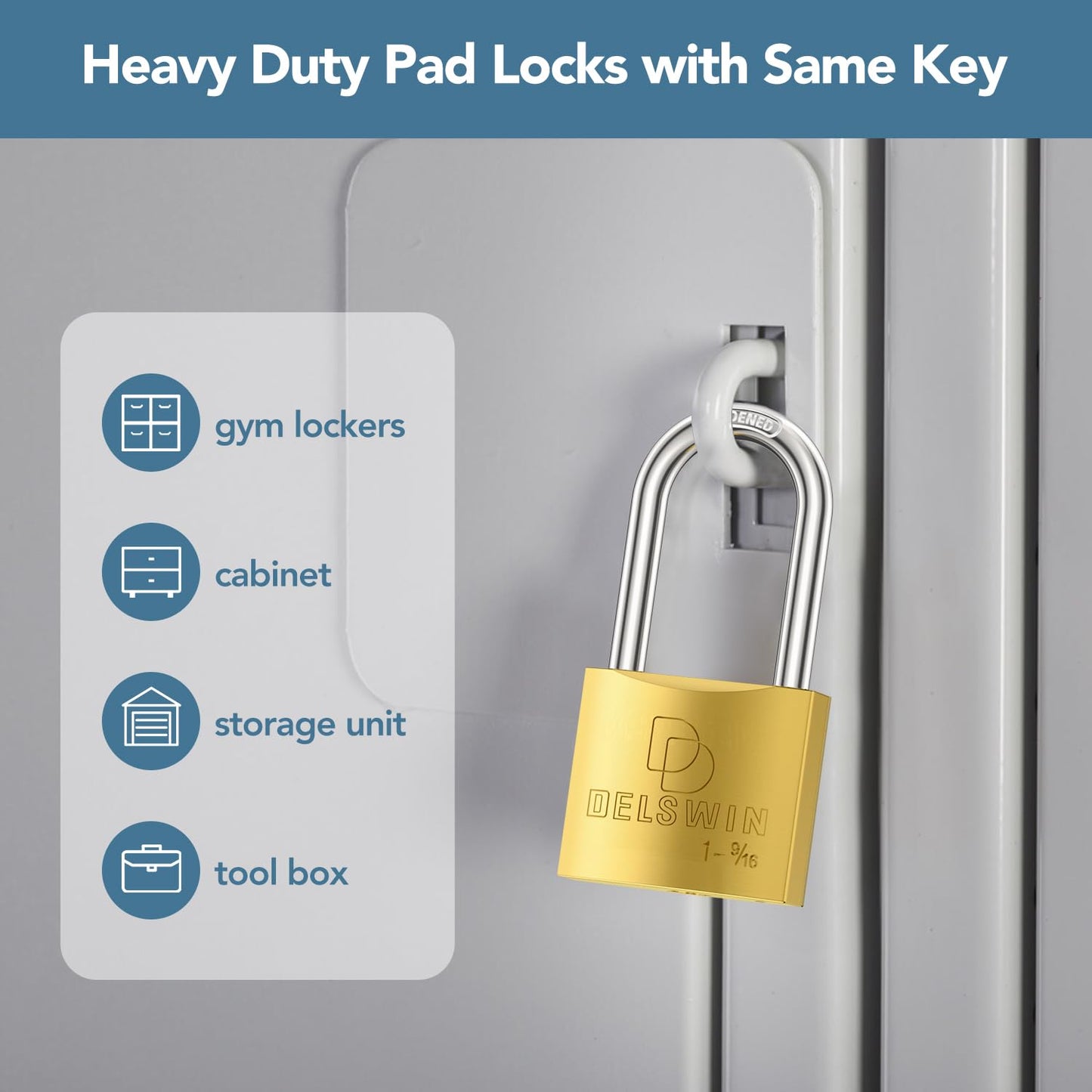 DELSWIN Weatherproof Padlock with Key (Keyed Alike) - Heavy Duty Solid Brass Locker Lock with 1-9/16" Long Shackle, Marine Grade Pad Lock for Outdoor Gate, Fence, Shed (2 Pack)