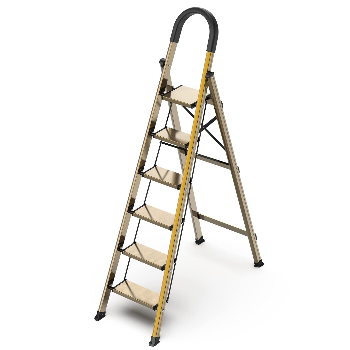 GameGem Lightweight Aluminum 6 Step Ladder for 12 Feet High Ceiling, Folding Step Stool Stepladders with Anti-Slip and Wide Pedal for Home and Kitchen Use Space Saving (Brown Gold)