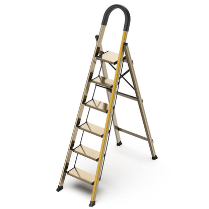 GameGem Lightweight Aluminum 6 Step Ladder for 12 Feet High Ceiling, Folding Step Stool Stepladders with Anti-Slip and Wide Pedal for Home and Kitchen Use Space Saving (Brown Gold)