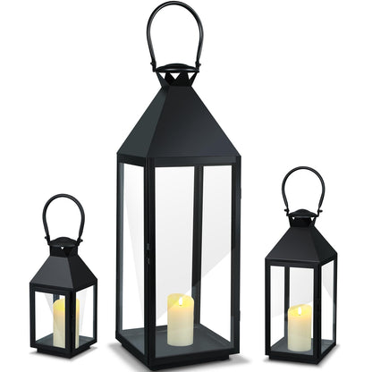 Mifoci Jumbo Black Metal Decorative Lanterns with Clear Glass Panel Hurricane Candle Lantern for Home Decor Party Event Tabletop Front Porch Wall Hanging Indoor Outdoor(3 Pcs,28'' 16'' 10'')