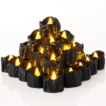 Homemory 24-Pack Halloween Black Dripping Flameless Tea Lights, Battery Operated Flickering LED Candles, Safe for Pumpkins, Party & Holiday Decor, 1.58" D x 1.2" H, Warm White Glow