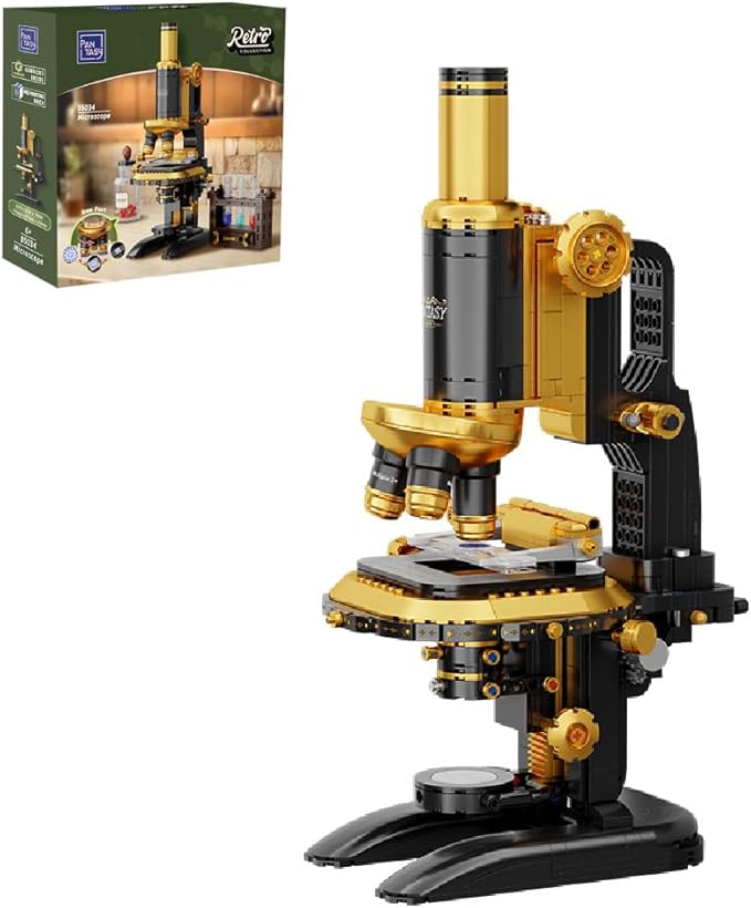 PANTASY Retro Microscope Building Kit for Adults Antique Science Instrument Model with Mechanical Design Brass Finish &amp Lab Accessories Collectible Display Brick Set