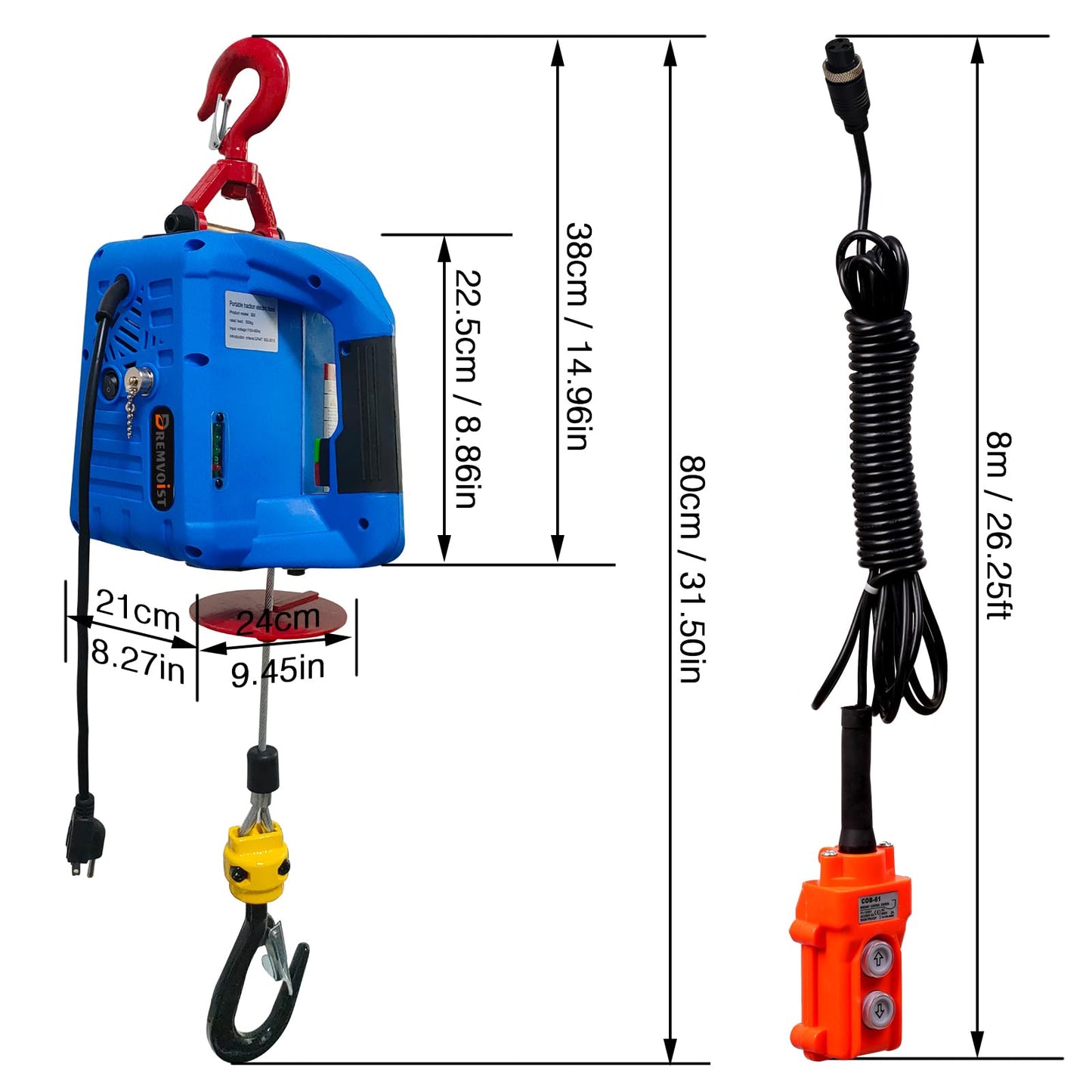 Dremvoist 3 in 1 Electric Hoist Winch,1100LB 1500W Portable Power Winch Crane,110V/120V Electric Winch Crane with Manual Wire Wireless Remote Control,26FT Lifting Height,for Towing,Warehouse,Factories