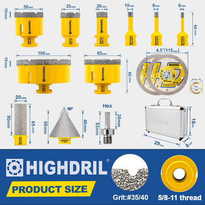 HIGHDRIL 13Pcs Diamond Hole Saw Kit - 1/4", 5/16", 3/8", 4/5", 1-3/8", 2", 4" Drill Bits with 2" Chamfer Bit, 4/5" Finger Bit, HEX Adapter & Saw Blades for Tile Porcelain Ceramic Granite Marble Stone