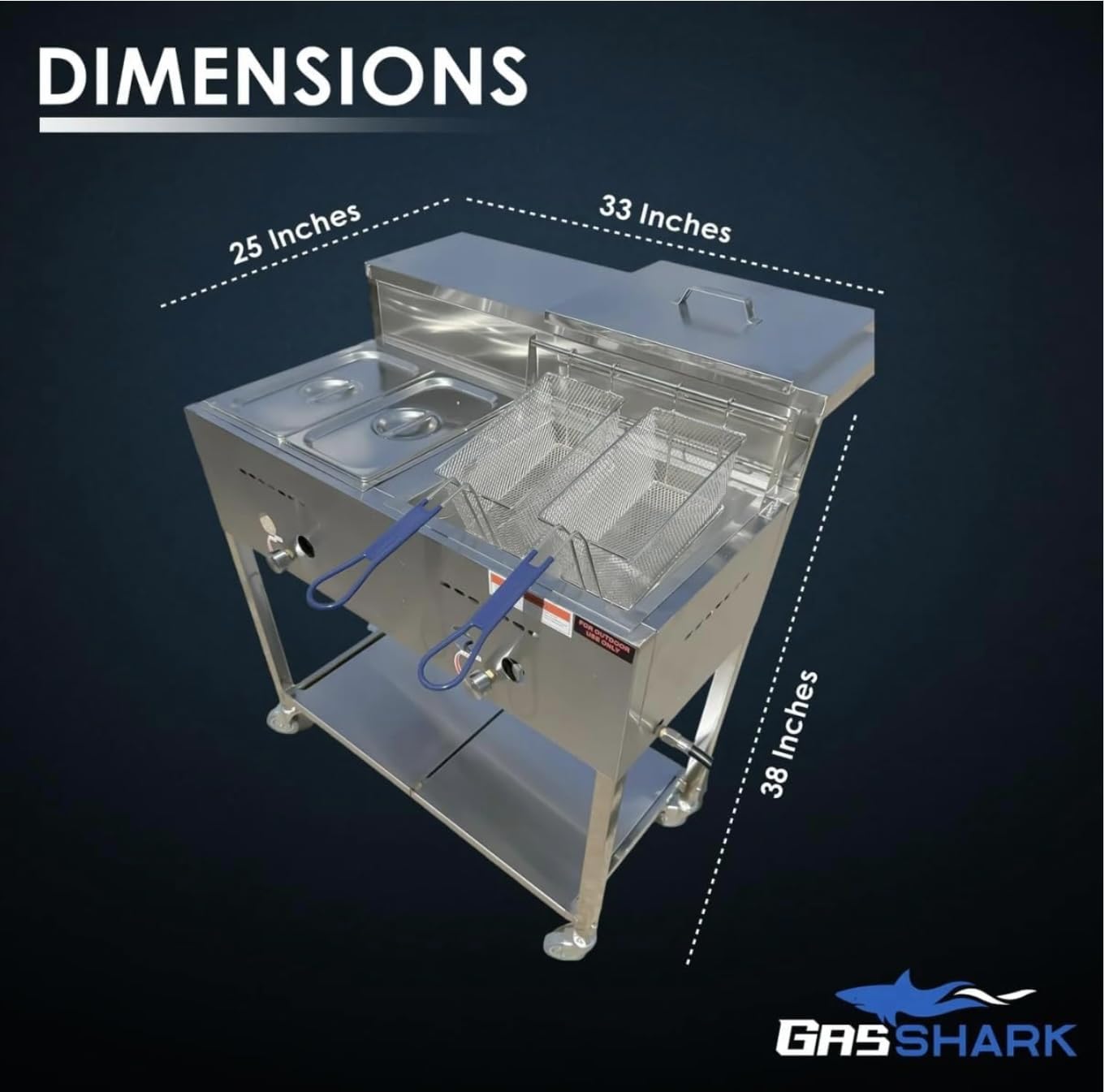 Deep Fryer Cart | 3 Gallon Single Tank | 2 Frying Baskets | 2 Pan Steam Table | Portable 4 Wheel | Stainless Steel | Frying Thermometer | Outdoor Propane Fryer for Chicken, Fish, & More