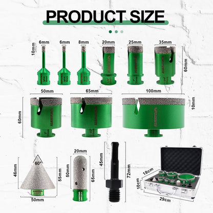 KURSTOL Tile Hole Saw Kit - 9pcs Diamond Core Drill Bits 6/6/8/20/25/35/50/65/100mm+4/5" Milling Finger Bit+2" Beveling Chamfer Bit+SDS Shank to 5/8"-11 Thread for Porcelain Ceramic Marble Granite