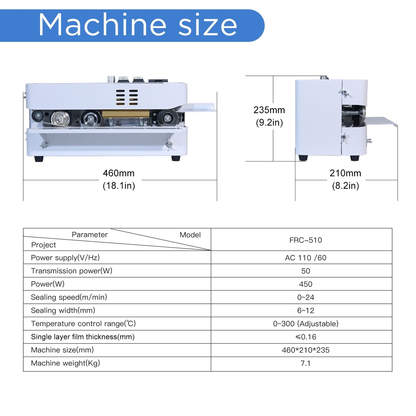 ZHONGMIN Automatic Continuous Bag Band Sealing Machine, Digital Temp Control, Adjustable Speed, Commercial Desktop Heat Sealer Machine for Plastic Bags Films Packaging (110V/60HZ)(FRC-510)
