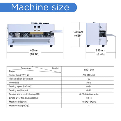 ZHONGMIN Automatic Continuous Bag Band Sealing Machine, Digital Temp Control, Adjustable Speed, Commercial Desktop Heat Sealer Machine for Plastic Bags Films Packaging (110V/60HZ)(FRC-510)