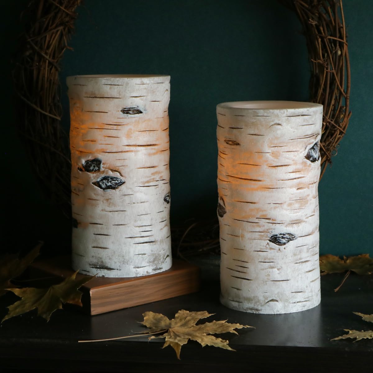 LusLog-pro Flameless Candles Birch Bark Effect 3" x 6" Real Wax LED Pillar Candles, Battery Operated Flickering Candles with 5H Timer, Pack of 2