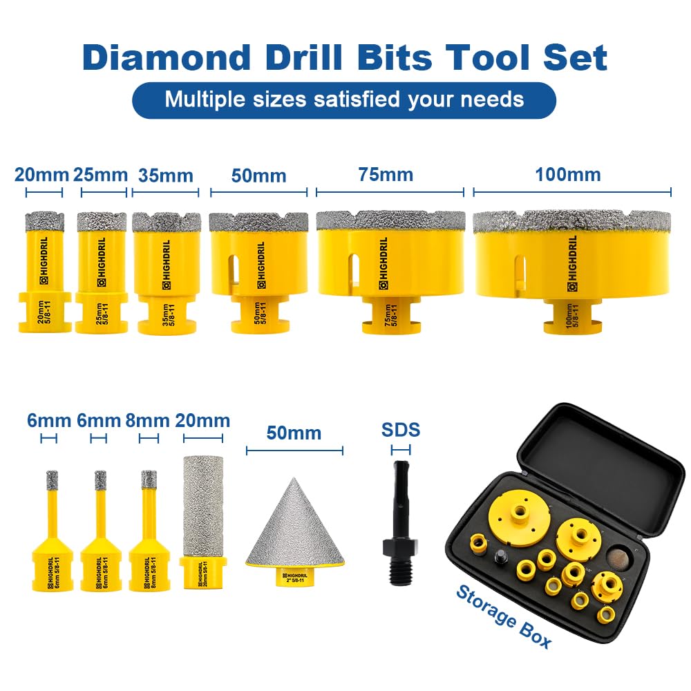 HIGHDRIL Diamond Hole Saw Kit - 6/6/8/20/25/35/50/75/100mm Drill Bits, 20mm Finger Bit, 50mm Chamfer Bit, SDS Plus Adapter, 12Pcs Diamond Core Drill Bit Set for Porcelain Ceramic Tile Granite Marble