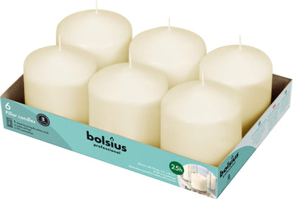 BOLSIUS 6 Ivory Pillar Candles Bulk - 3x3 Inches Candle Set - 25+ Hours Clean Burning - No Palm Oil - 0% Animal Fat - Premium European Quality - Unscented Dripless Dinner Pillars